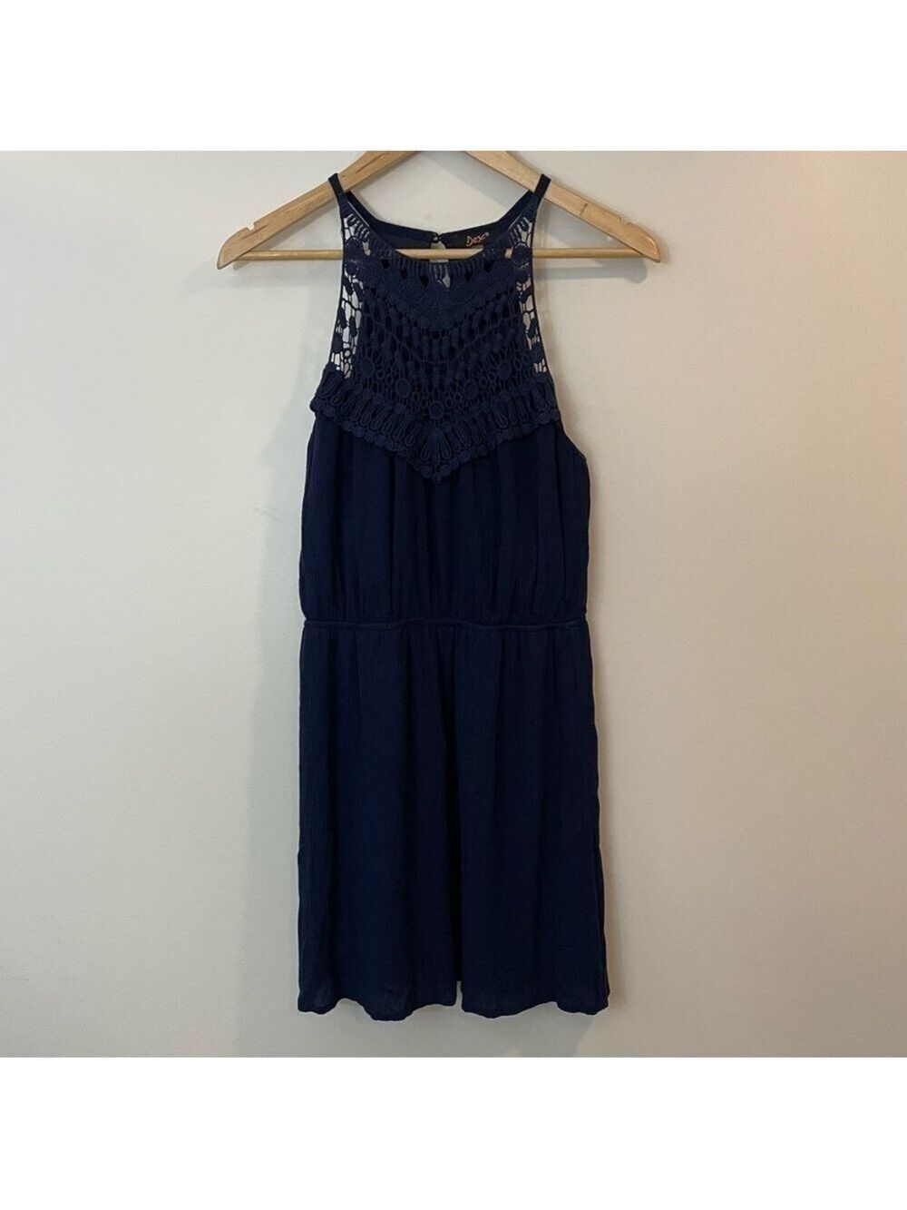 Dex Boho Crochet Mini Dress XS Navy Blue Defined Waist Sleeveless Blouson Short - Picture 2 of 9